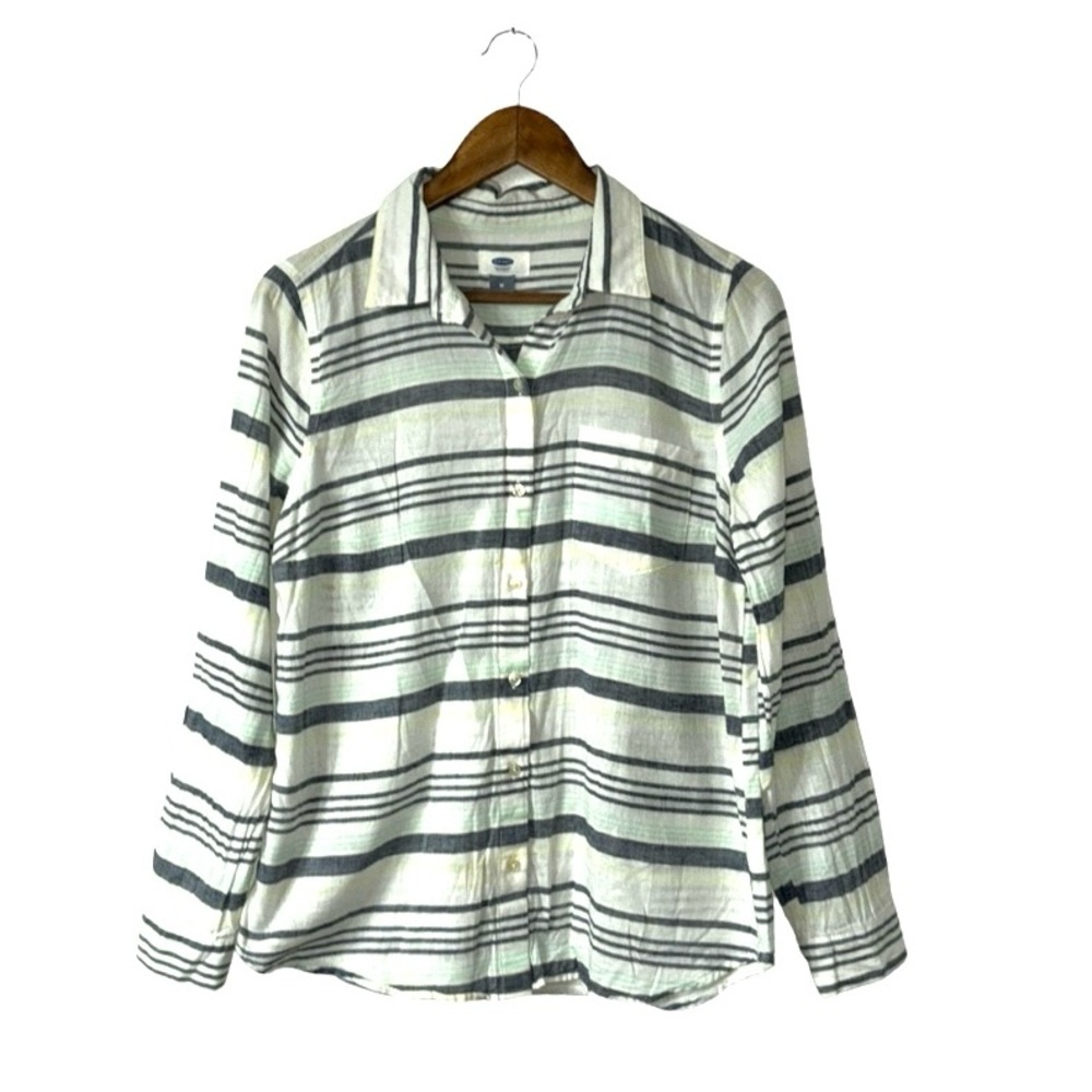 Old Navy Linen Button Down Shirt Long Sleeve White Blue Green Stripes Medium
